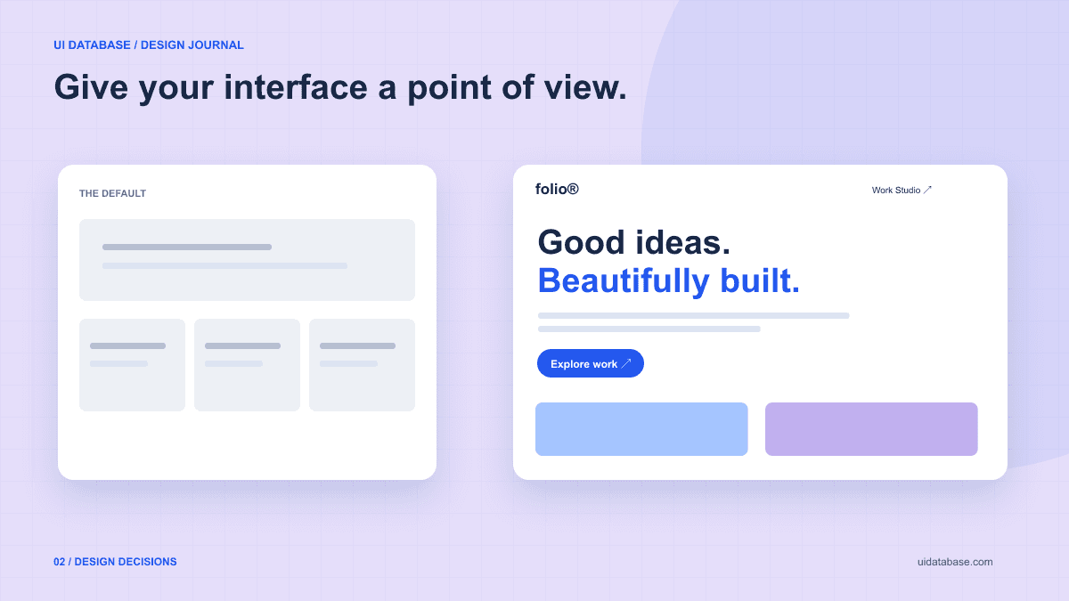 A generic gray card layout beside a distinctive editorial portfolio with bold typography and blue accents.